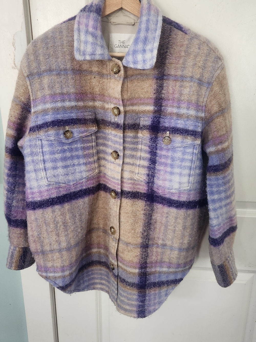 Wilfred Plaid Wool Blend Shacket in Beige, Lavender & Navy